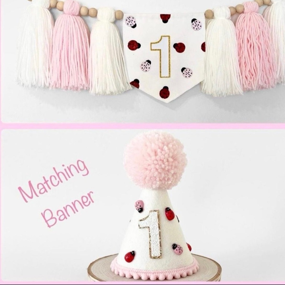 Pink and White Birthday Banner and Hat Set